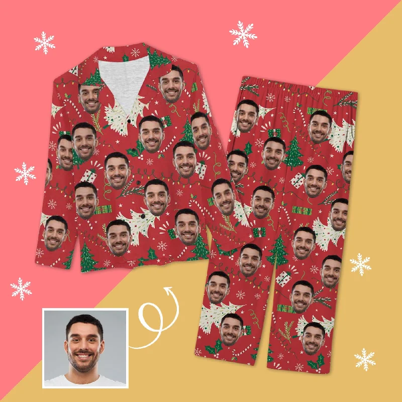 Custom Face Pajamas Christmas Tree Red Sleepwear Personalized Women's Long Pajama Set Pajama sets under $50