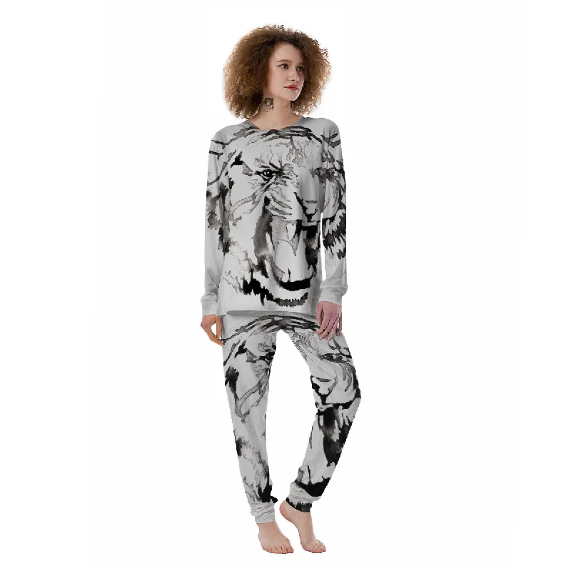 White Tiger Watercolor Monochrome Print Women's Pajamas Pajama sets with pockets