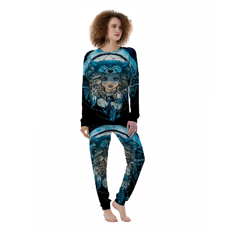 Wolf Girl Native American Print Women's Pajamas Vintage pajama sets