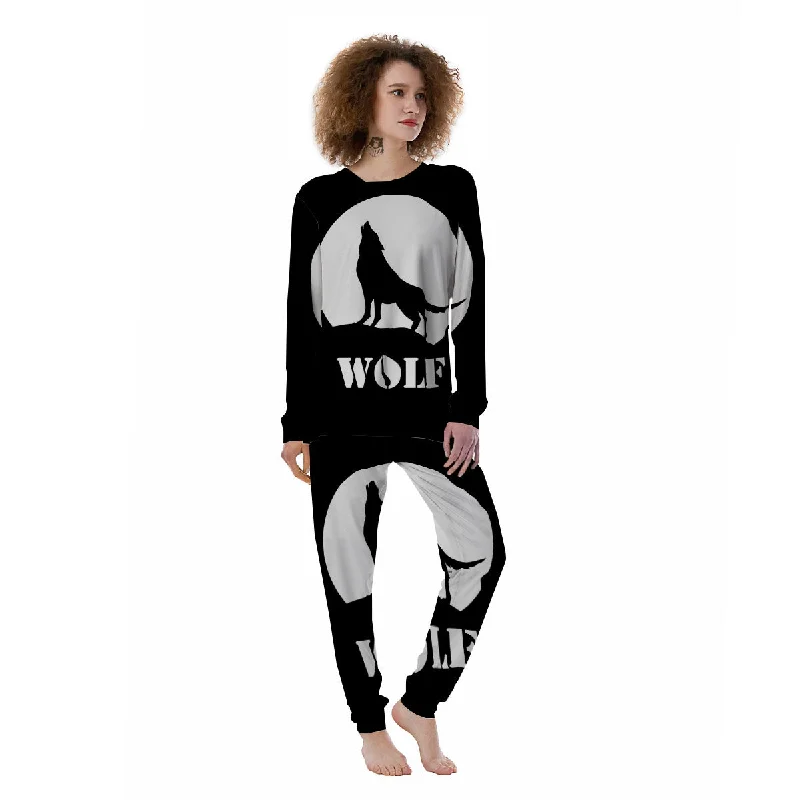 Wolf Howling Monochrome Print Women's Pajamas Sexy pajama sets