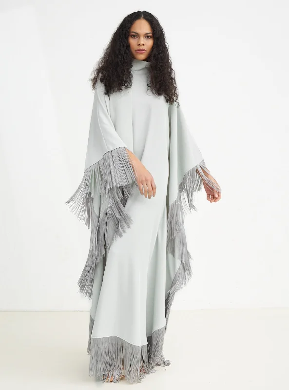 Light Mint Fringed Kaftan Dress With Tie Neck Detailed Spa Robe Set