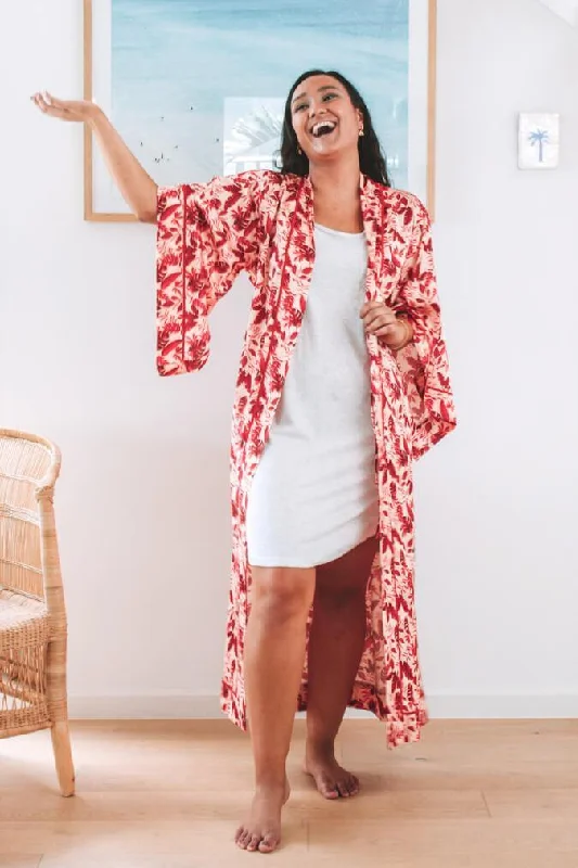 Maia Maxi Robe - Red Tropical Floral Print Soft Lace Robe