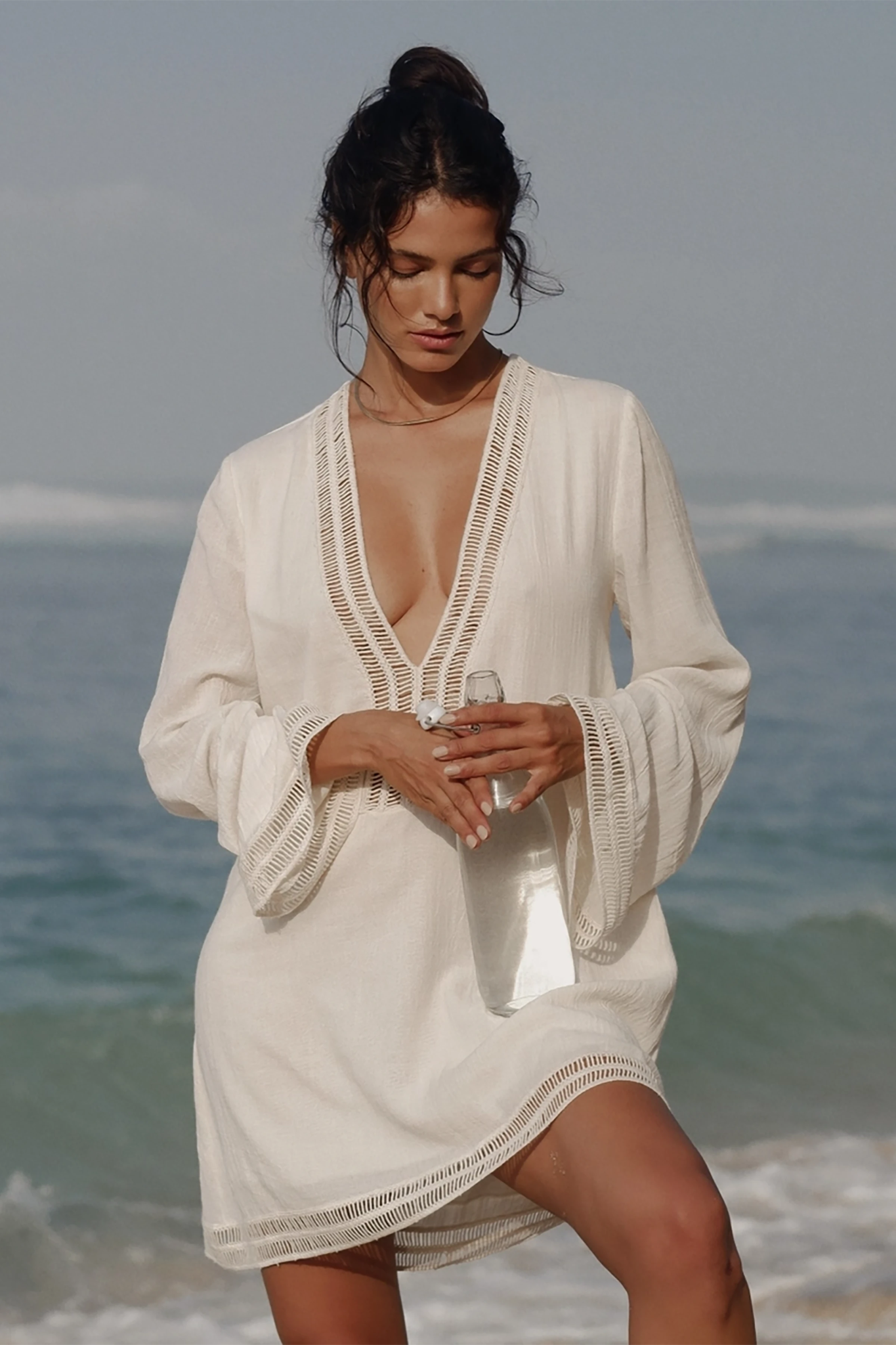 Positano Turkish Cotton Cover Up Dress with Lace in Natural Sleeveless Satin Gown