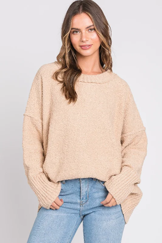 Beige Knit Exposed Seam Sweater Turtleneck sweaters