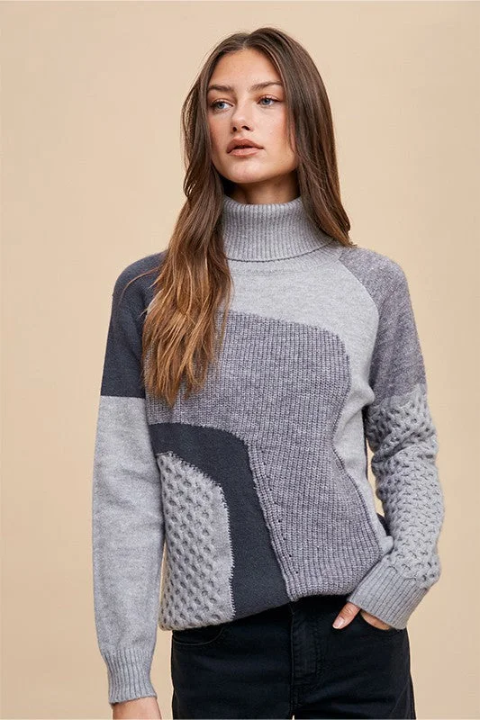 Grey Combo Turtleneck Multi Pattern Mixed Sweater Top Chunky knit sweaters