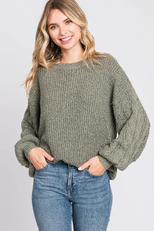 Light Olive Knit Puff Sleeve Sweater Anti-pilling sweaters