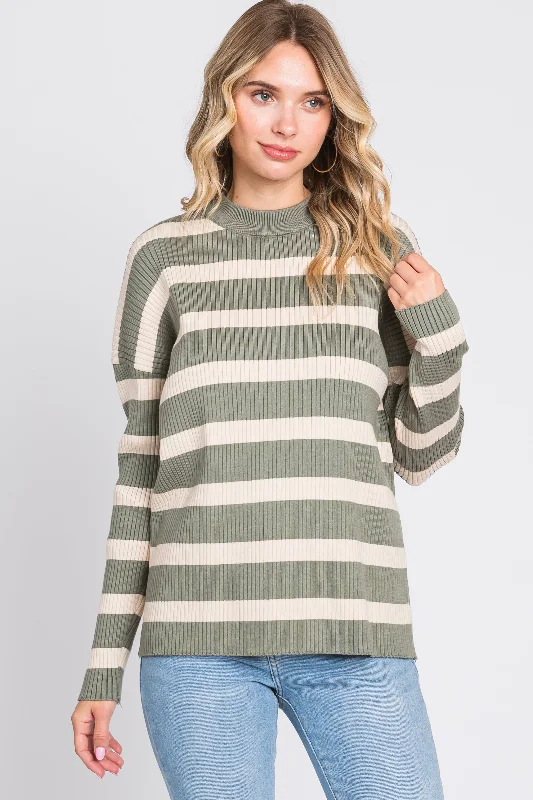 Olive Striped Ribbed Long Sleeve Top Warm sweaters