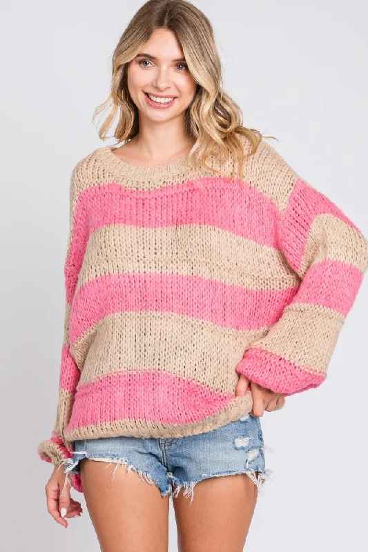 Pink Striped Knit Sweater Moisture-wicking sweaters