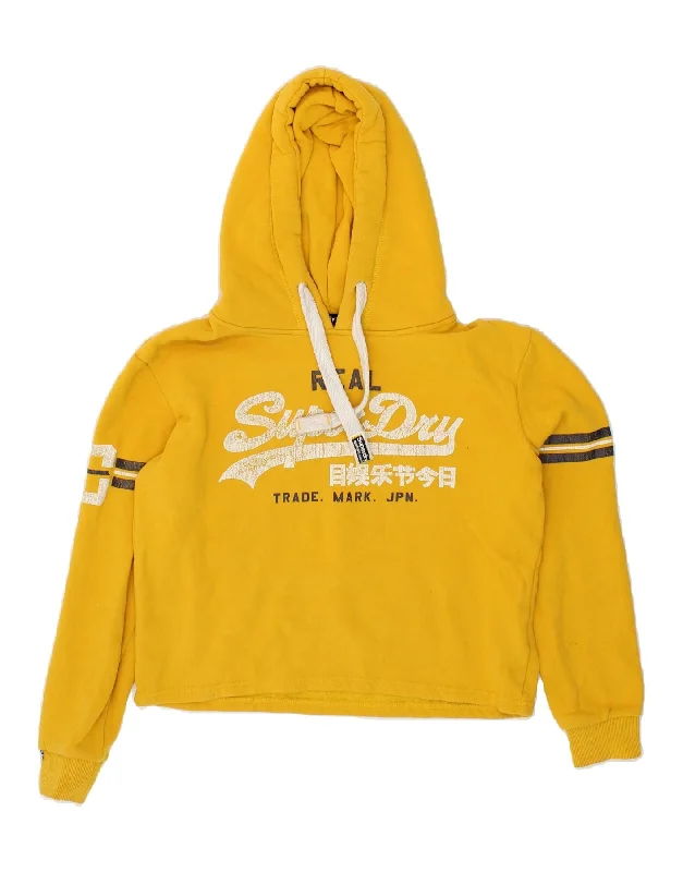 SUPERDRY Womens Crop Graphic Hoodie Jumper UK 10 Small  Yellow Cotton Wrinkle-resistant sweaters