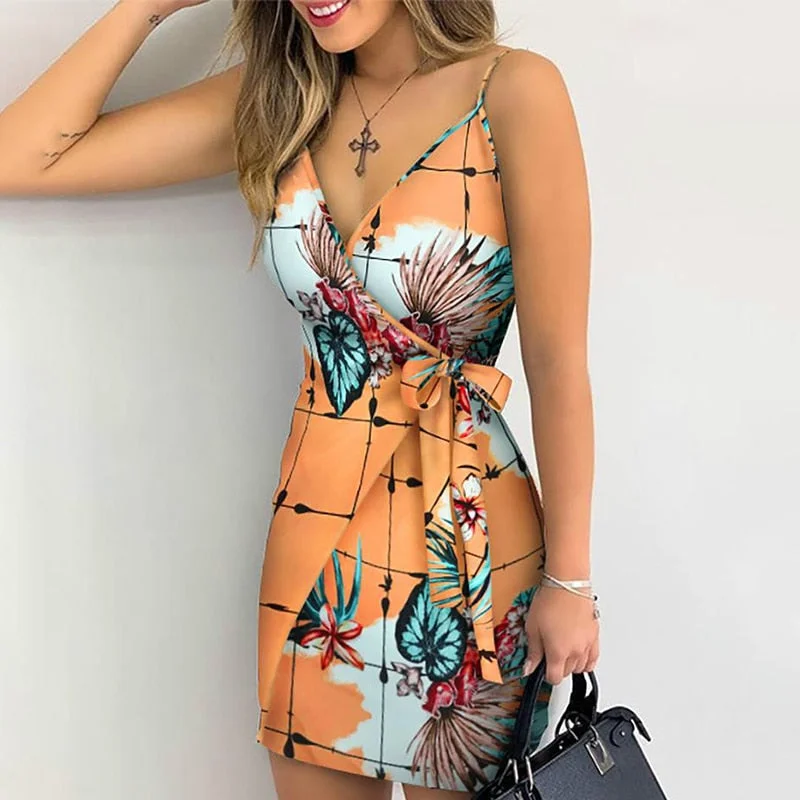 Holiday Floral Leaves Print V-neck Mini Dress Best mini dresses for date night