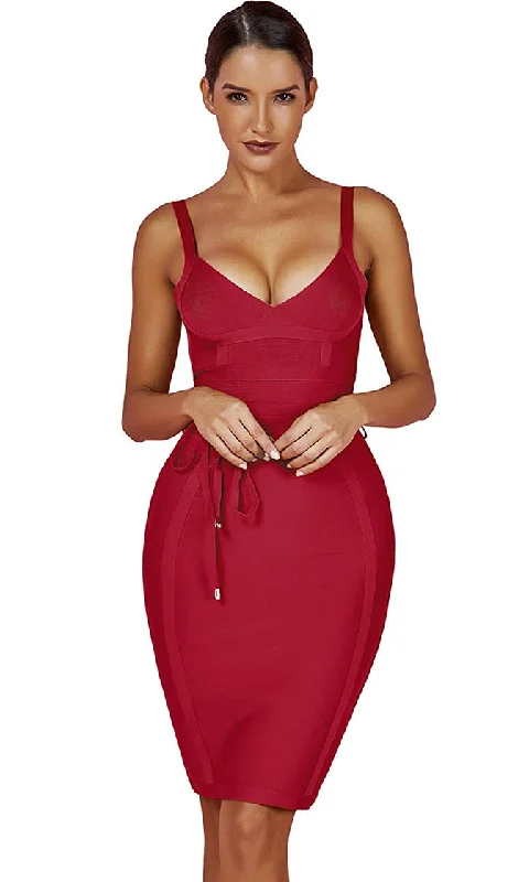 No Time To Waste Maroon Red Burgundy Sleeveless V Neck Tie Waist Bodycon Bandage Mini Dress Summer mini dresses