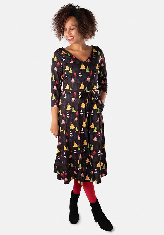 Alpine Colourful Christmas Tree Print Midi Dress Sexy midi dresses