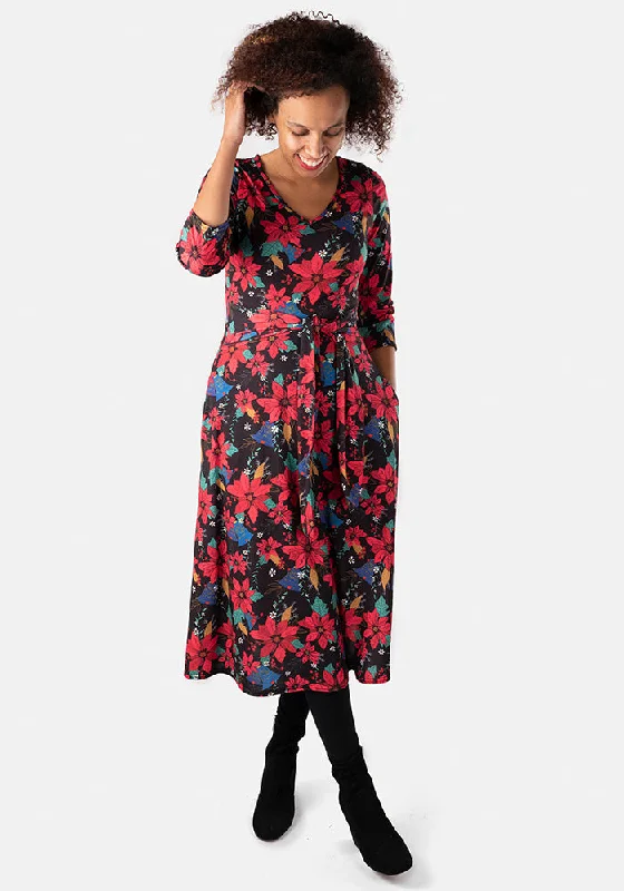 Neve Black Poinsettia Print Midi Dress Best midi dresses for tall women