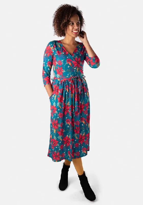 Noella Teal Poinsettia Print Midi Dress Holiday midi dresses