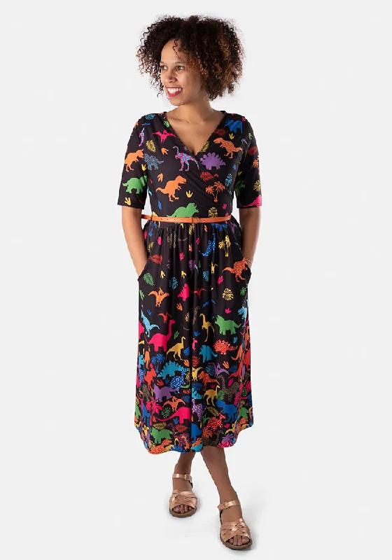 Reptar Dinosaur Border Print Midi Dress Elegant midi dresses