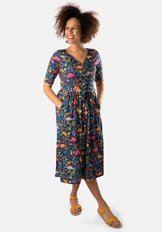 Stegosaurus Dinosaur Garden Print Midi Dress Spring midi dresses