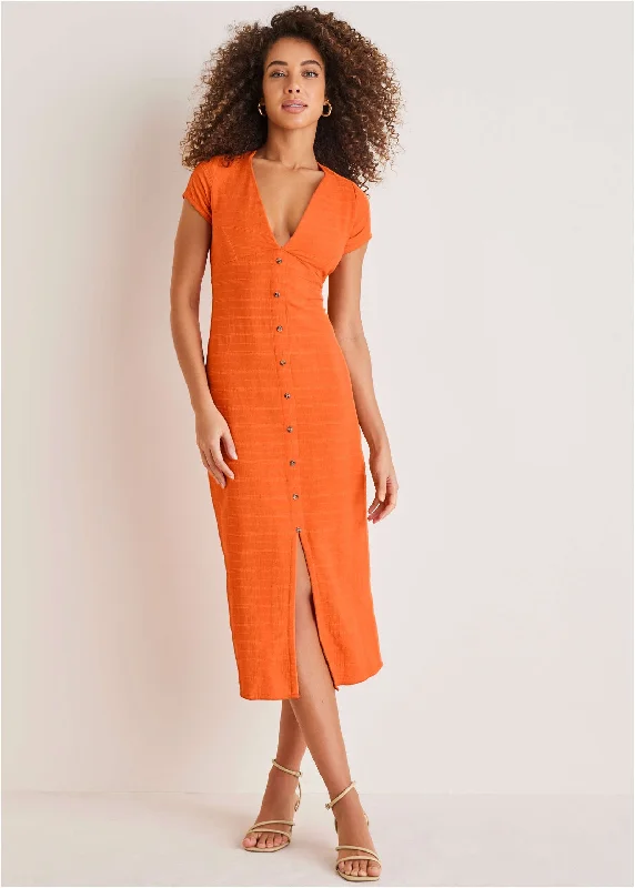 Linen Midi Dress - Orange Tiered midi dresses