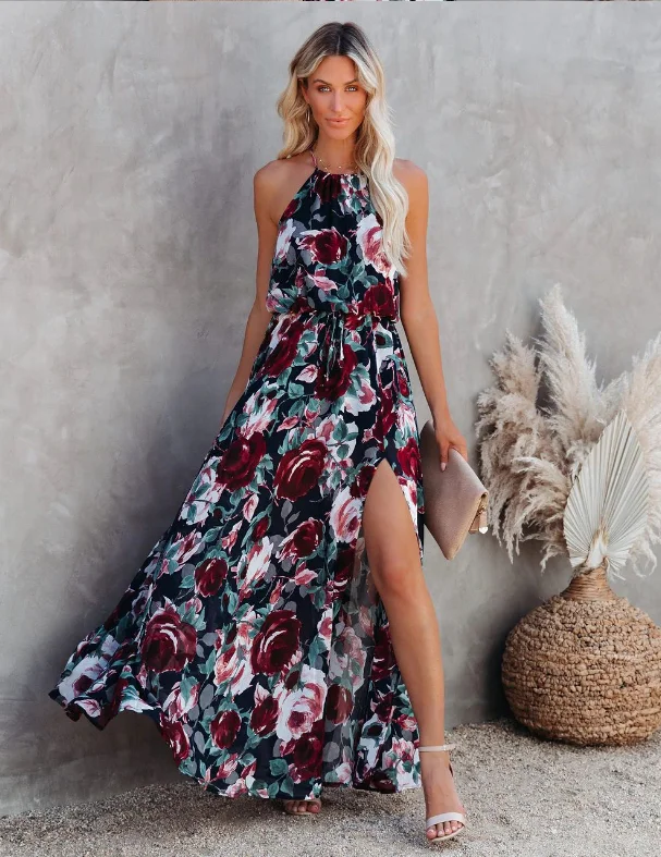 Bohemian Sexy Halter Print Split Maxi Dress Women Sleeveless Boho Beach Summer Dress Expensive maxi dresses