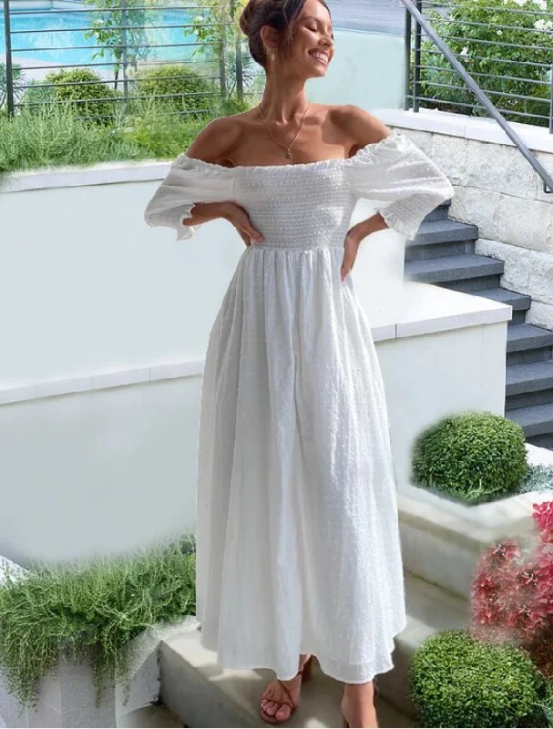 Elegant Slash Neck Dot Women Party Dress Summer White Off Shoulder Pleated Jacquard Maxi Dresses Ruffled maxi dresses