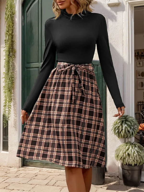 Plaid Mock Neck Long Sleeve Dress Women's trendy maxi dresses sale