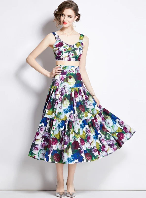 RETRO SLEEVELESS TOP PRINTED SKIRT DRESS Club unclassified skirts