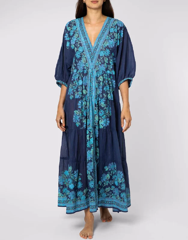 Rose Border Print V-Neck Maxi Dress - Indigo Vacation maxi dresses