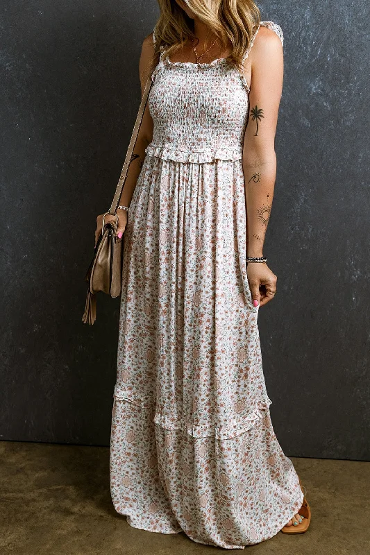 Ruffled Smocked Printed Sleeveless Maxi Dress Date night maxi dresses