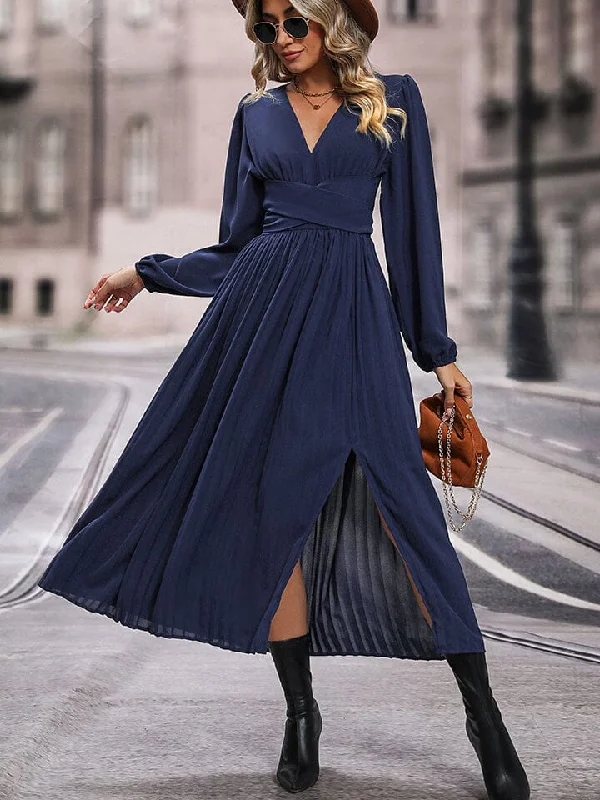 V-Neck Long Sleeve Pleated Slit Dress Bodycon maxi dresses