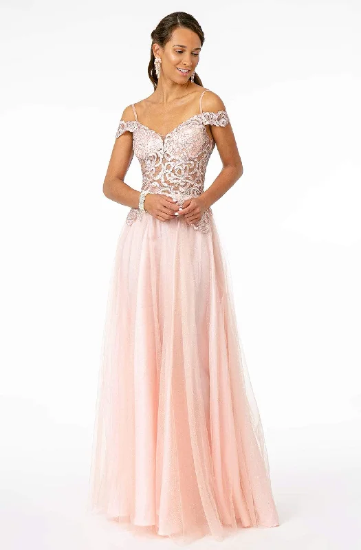 Elizabeth K - GL2953 Embroidered Off-Shoulder Mesh A-Line Gown Satin party dresses