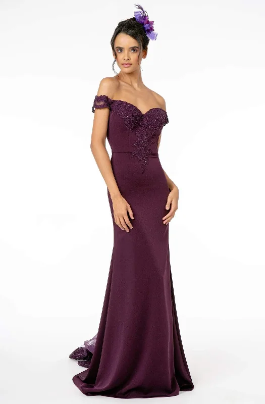 Elizabeth K - GL2958 Beaded Lace Appliqued Off Shoulder Jersey Gown Tiered party dresses