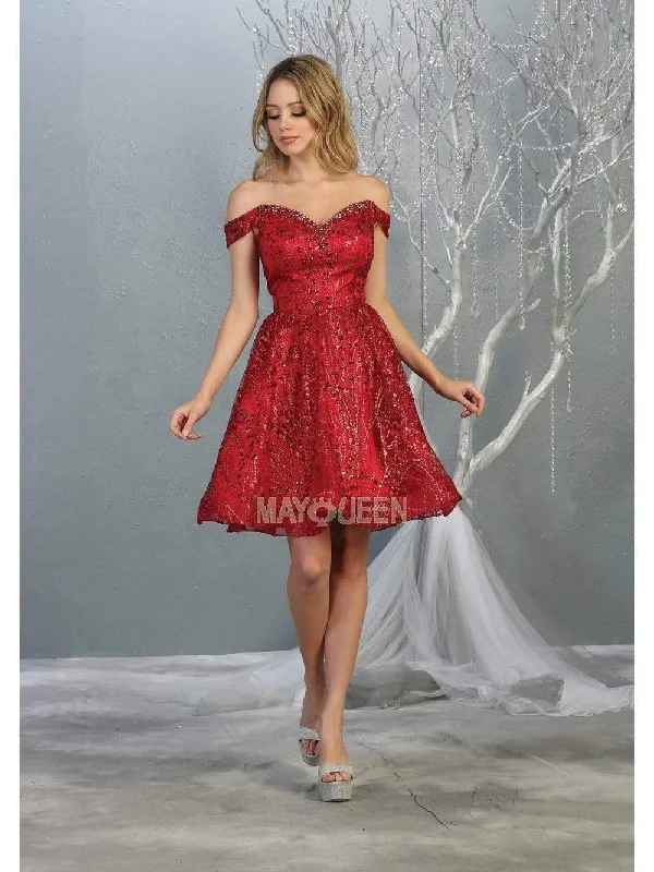 May Queen - MQ1757 Glitter Embellished Off-Shoulder Cocktail Dress Best value party dresses