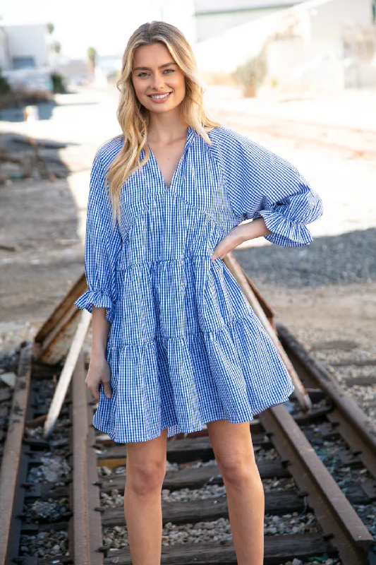 Blue Checkered Cotton Poplin Ruffle Sleeve Woven Dress Y2K unclassified dresses