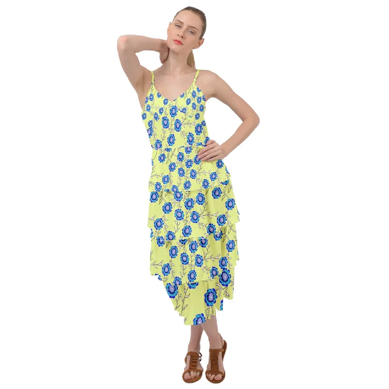 Blue Flowers On Yellow Layered Bottom Dress Bodycon unclassified dresses