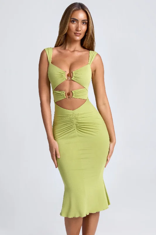 Ruched Hardware Detail Cut-Out Midaxi Dress in Olive Green A-line unclassified dresses