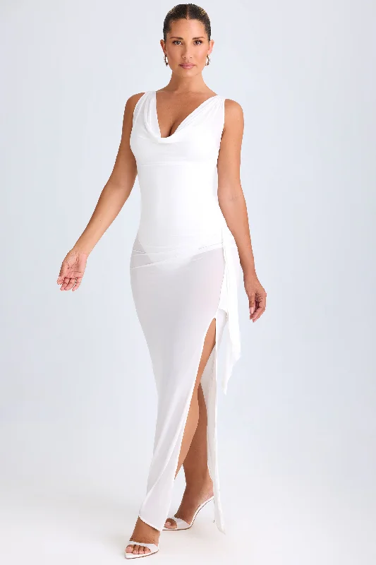 Ruffle-Trim Cowl-Neck Midaxi Dress in White Off-shoulder unclassified dresses