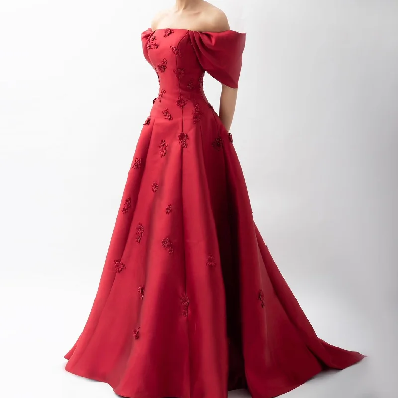 Elegant 3D Flowers Off Shoulder Red Evening Dress SF273 Satin unclassified dresses