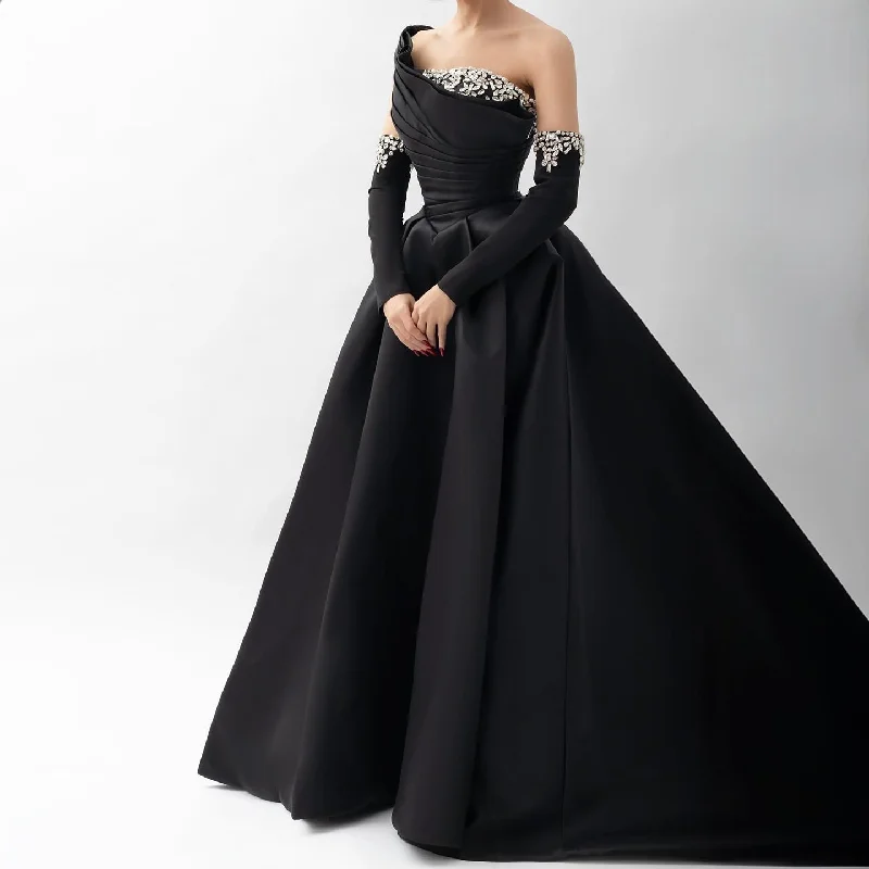 Elegant Black Satin Crystal One Shoulder Evening Dress SF272 Sequin unclassified dresses