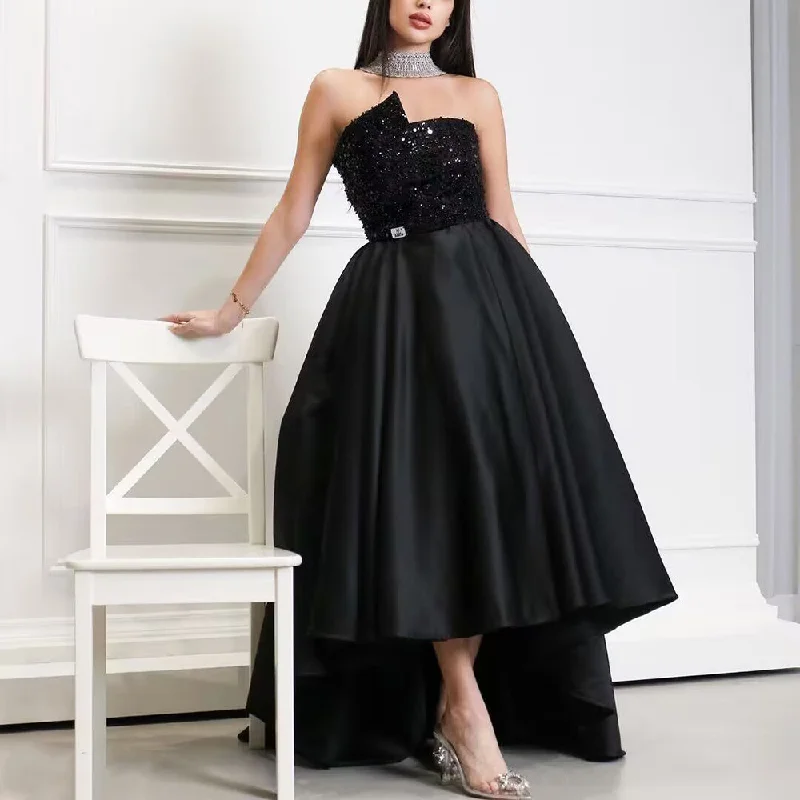 Elegant Black Strapless High-Low Evening Dress SF003 Sleeveless unclassified dresses