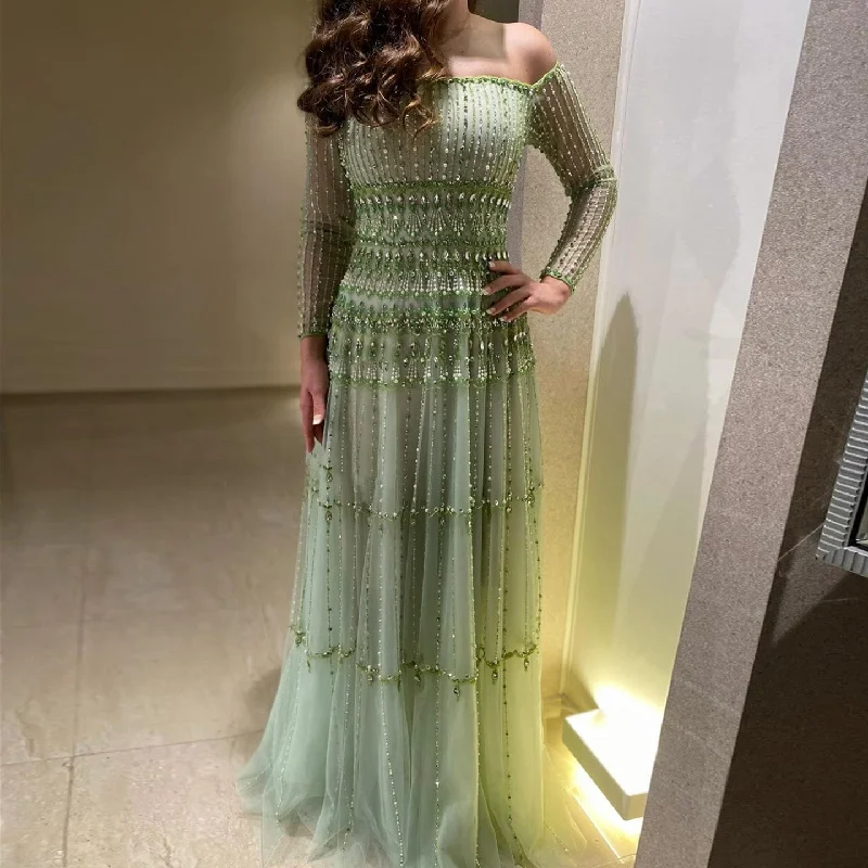 Elegant Off Shoulder Sage Green Evening Dress SS588 High-low unclassified dresses