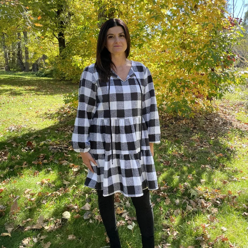 Fair Trade Black and White Checkered Puffed Sleeve Twill Dress Budget-friendly unclassified dresses