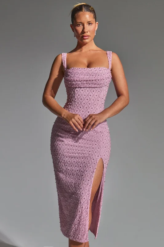 Embellished Cowl-Neck Midaxi Dress in Mauve Chiffon unclassified dresses