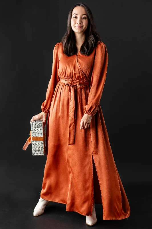 'Guinevere' Brushed Satin Surplice Dress in Rust FINAL SALE Beaded unclassified dresses