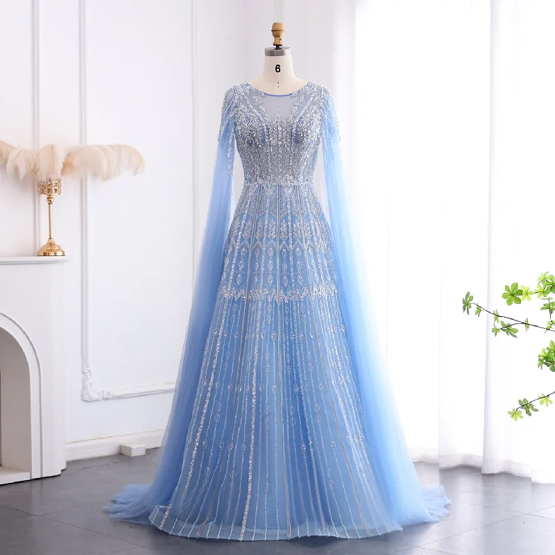 Luxury Blue Evening Dress with Cape Sleeves SS001 High-end unclassified dresses