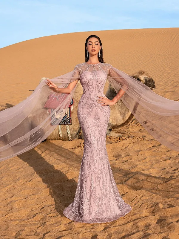 Luxury Gorgeous Sheer Cloak Sleeves Mermaid Hem Beaded Evening Dress Satin unclassified dresses