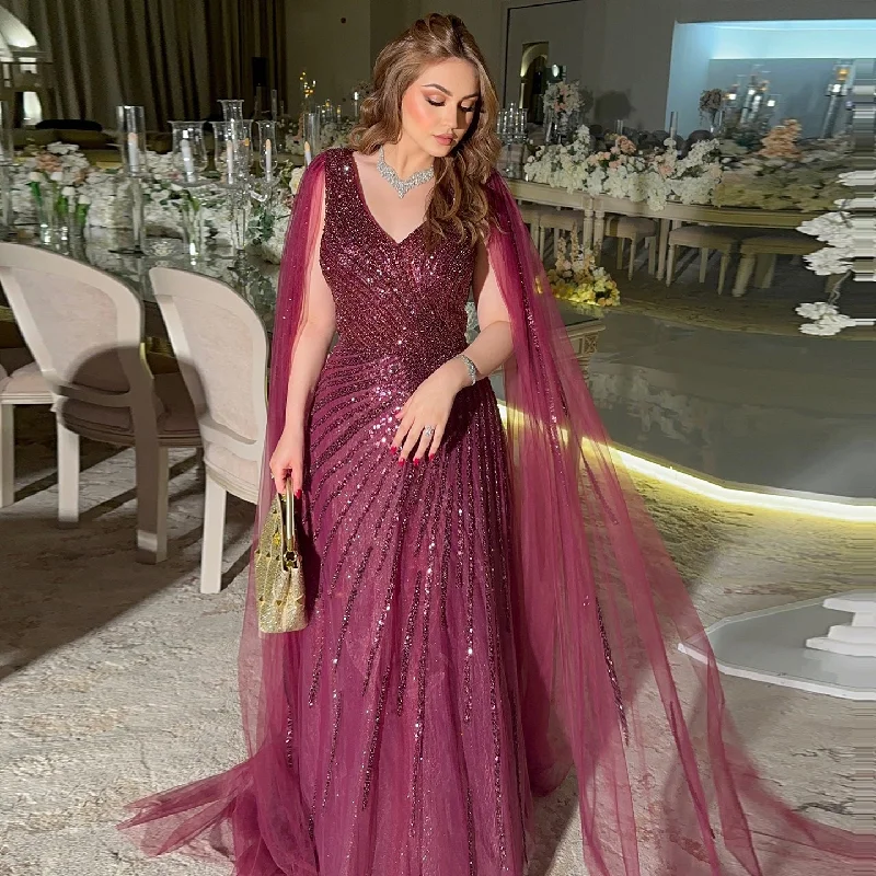 Luxury V-Neck Wine Red Evening Dress with Cape Sleeves SS130 Party unclassified dresses