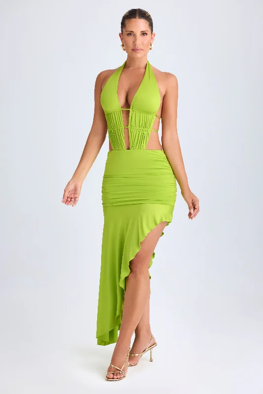 Asymmetric Cut-Out Halterneck Midaxi Dress in Lime Green Fashionable unclassified dresses