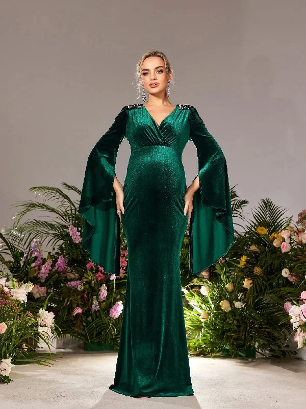 Maternity Surplice Neck Flared Sleeves Mermaid Hem Velvet Evening Dress Fall unclassified dresses