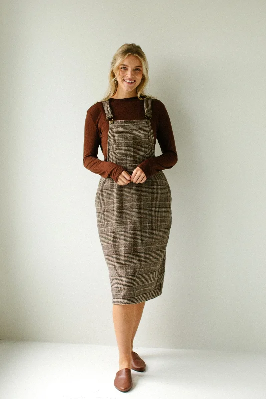 'Oaks' Plaid Overall Dress in Brown Sleeveless unclassified dresses