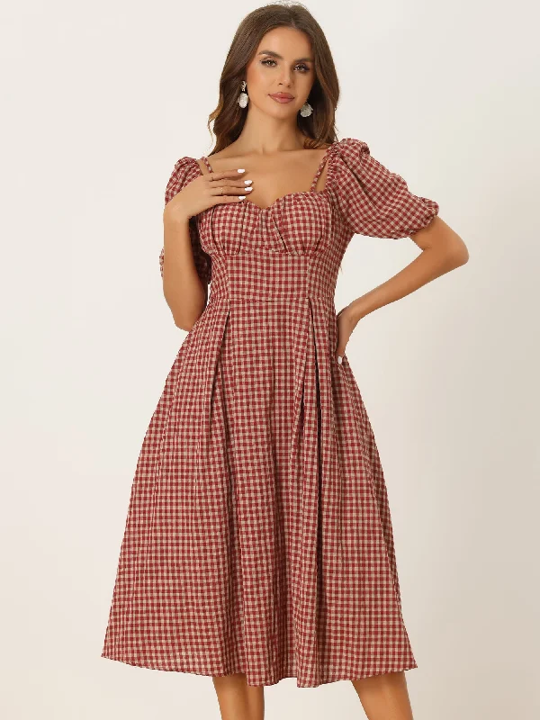 Vintage Gingham Pocketed Spaghetti Straps Off Shoulder Swing Plaid Dress Color block unclassified dresses