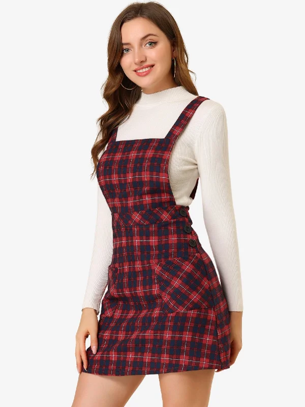 Plaid Tartan Button Decor A-Line Pinafore Overall Dress Smocked unclassified dresses